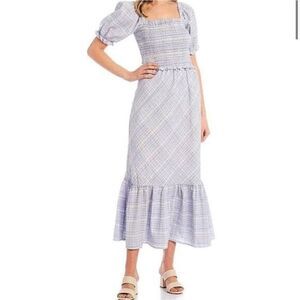 GB Gianni Bini  Plaid Smocked Tiered Square Neck Maxi Dress Blue Puff Sleeve M